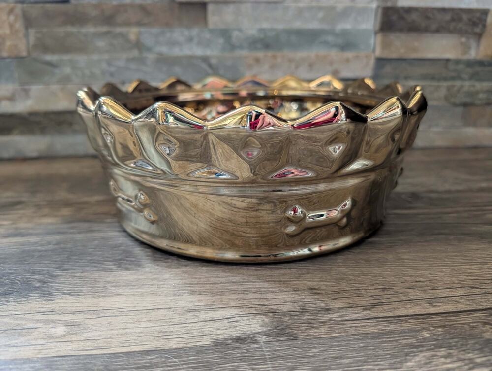 Ceramic Gold Crown Pet Dog Food Bowl Large 8.5"